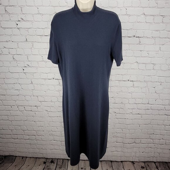 VTG Calvin Klein Blue 100% Cashmere Knit Short Sleeve Midi Dress Large L *holes - Picture 1 of 12